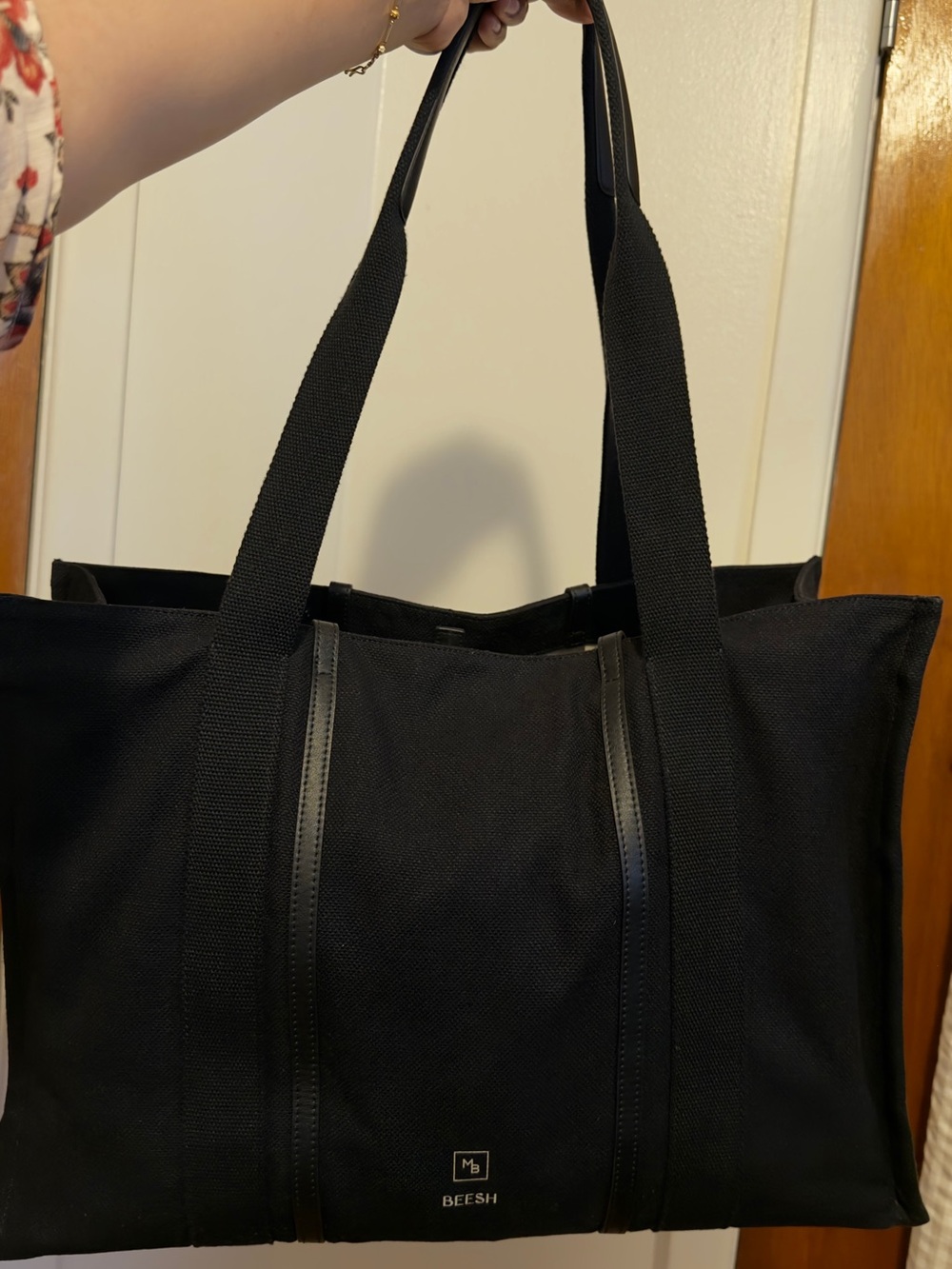 Mina Baie BEESH Black Canvas Tote Bag with Leather Trim